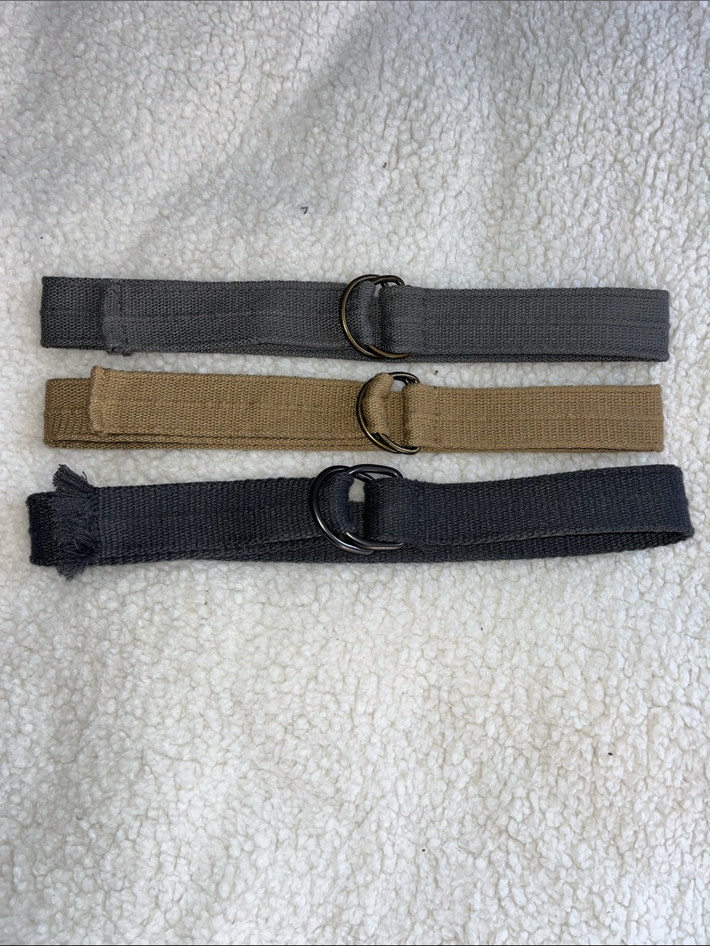 Set of 3 Canvas D-Ring Belts in Dark Grey, Smoke and Tan, Size 12-14